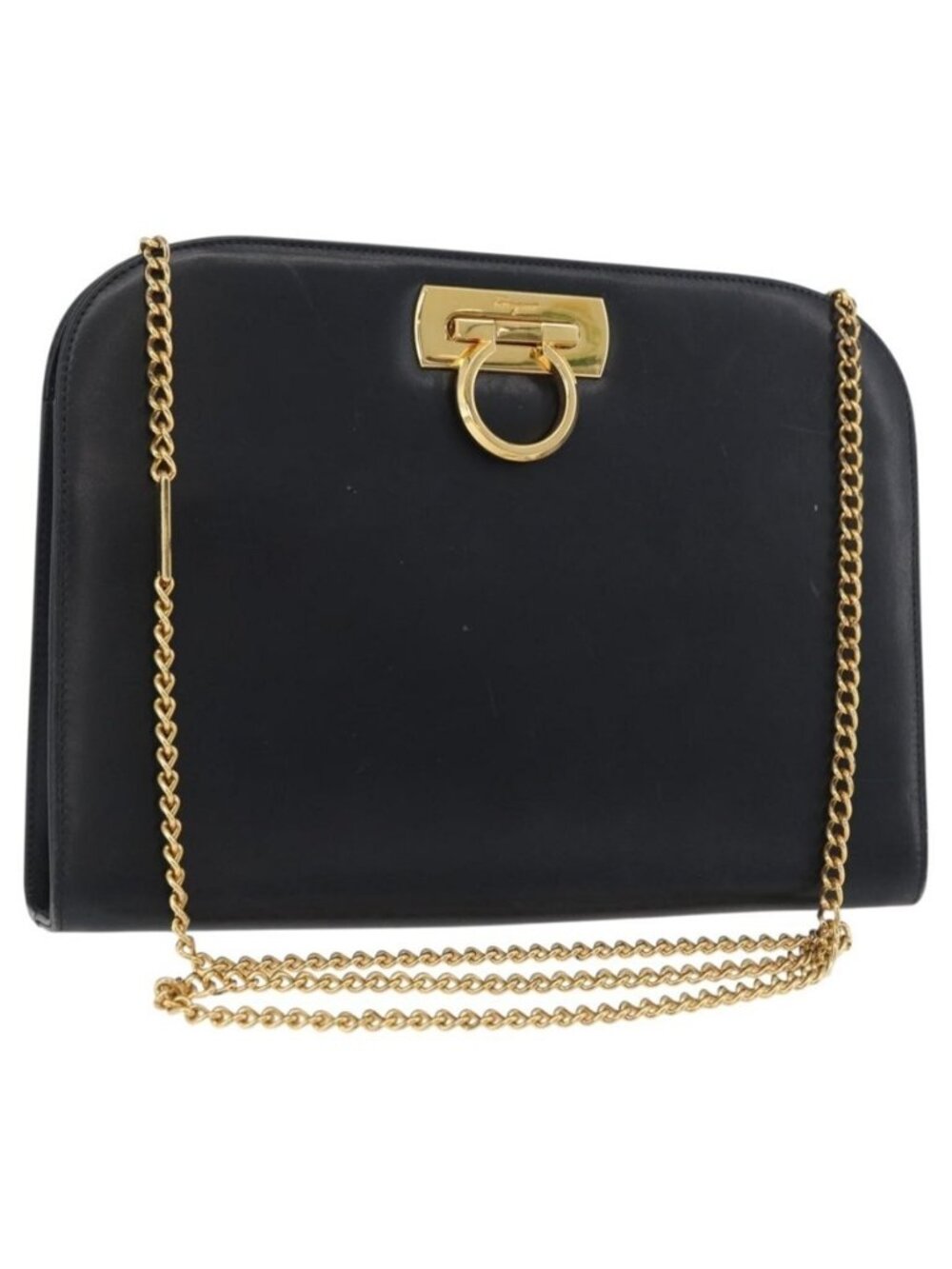 Authentic Salvatore Ferragamo Gancini Chain Shoulder Bag Leather Navy Gold